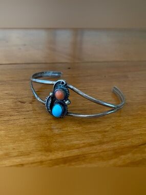 Vintage Native Sterling Silver Turquoise Coral Bracelet size 6 1/2”